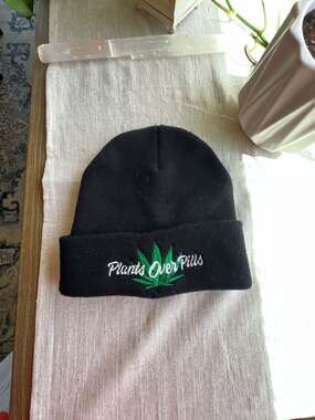 Plants Over Pills Marijuana Leaf Embroidered Black Cuffed Beanie